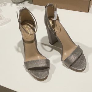 Sam Edelman open toe ankle strap pewter heels brand new